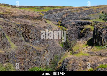 Gli escursionisti esplorano le colline rocciose e le formazioni rocciose vicino alle cascate in primavera presso la riserva ecologica di North Table Mountain, vicino a Oroville, nella contea di Butte, CALIFORNIA Foto Stock