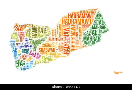 Nuvola di parole nella regione dello Yemen. Design a forma di paese. Illustrazione a colori dello Yemen. Fumetto collage nomi regione. Illustrazione vettoriale. Illustrazione Vettoriale