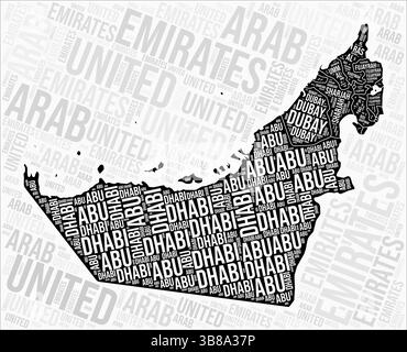 Le regioni degli Emirati Arabi Uniti mappano Word cloud. Nomi delle regioni degli Emirati Arabi Uniti. Design della mappa in bianco e nero. Illustrazione del vettore di tendenza. Illustrazione Vettoriale