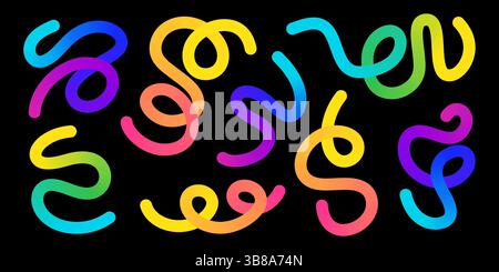 Le curve dell'arcobaleno fluiscono: Linee sinuose avvolgono, avvolgono, si attorcigliano in un motivo decorativo astratto. Illustrazione Vettoriale