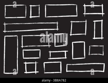 Il gesso bianco o il rettangolo del pastello evidenziano il set disegnato a mano su sfondo nero della lavagna Illustrazione Vettoriale