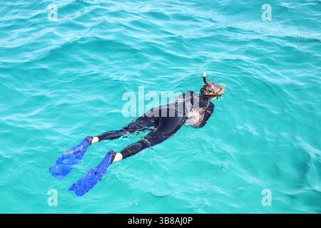 Donna che fa snorkeling in muta e pinne in un mare turchese cristallino, visto dall'alto durante una giornata di sole. Foto Stock