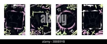 Manifesti per graffiti con bordi verniciati a spruzzo, elementi urbani, scarabocchi di inchiostro. Set vettoriale di copertine grunge con etichette astratte per Street art, cornici stencil con gocce d'inchiostro, schizzi su sfondo nero Illustrazione Vettoriale