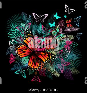 Astrazione con fiori e farfalle. disegnato a mano. Non ai, illustrazione vettoriale Illustrazione Vettoriale
