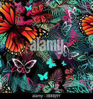Astrazione perfetta con fiori e farfalle. disegnato a mano. Non ai, illustrazione vettoriale Illustrazione Vettoriale