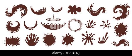 Silhouette Cartoon Coffee Splash. Gocce di caffè o tè liquido, flussi e onde, bevanda calda liquida marrone spruzza il set di illustrazioni vettoriali piatto. Caffè s Illustrazione Vettoriale