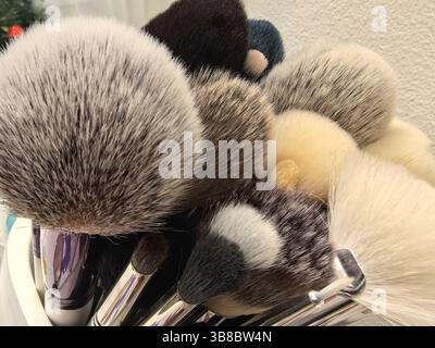 Vista ravvicinata di un assortimento di pennelli da trucco splendidamente disposti in un elegante supporto. Le varie forme e colori delle punte dei pennelli creano un aspetto visivo Foto Stock