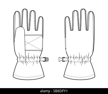 Guanti da sci Igloos Insulated Core Fashion accessori per la mano indumenti per illustrazione tecnica. Vista posteriore del palmo frontale vettoriale per uomo, donna modello piatto disegno CAD su sfondo bianco Illustrazione Vettoriale