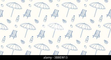 Motivo spiaggia estivo con sedie, ombrelloni e bevande rinfrescanti in uno schema di colori chiari Illustrazione Vettoriale