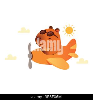 Carino capybara a fumetti che vola un aereo arancione nel cielo sotto il sole. Perfetto per progetti per bambini, illustrazioni a tema di viaggio, aviazione Illustrazione Vettoriale
