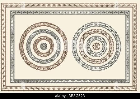 Set di cornici circolari decorative con design a chiave greca, in varie tonalità di grigio e marrone, posizionate su uno sfondo beige. Illustrazione Vettoriale
