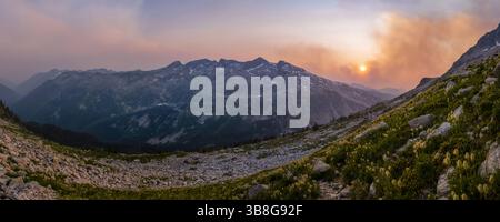 Una vista mozzafiato al crepuscolo in una regione montuosa mostra fiori selvatici colorati in primo piano mentre il sole tramonta dietro dolci picchi, busta Foto Stock