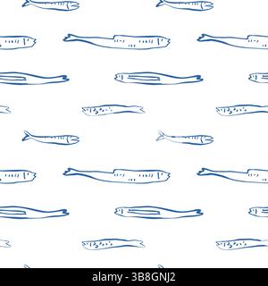 Motivo senza cuciture con quattro pesci stravaganti disegnati a mano con disegni in linea blu che nuotano in direzioni diverse su sfondo bianco Illustrazione Vettoriale