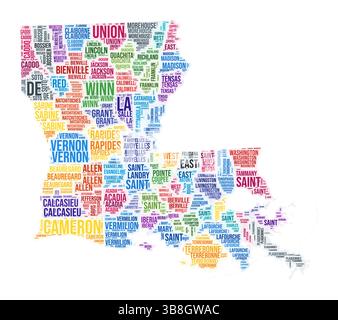 Cloud di parole della contea della Louisiana. Design della forma dello stato. Illustrazione colorata della Louisiana. I nomi delle contee collage cloud. Illustrazione vettoriale. Illustrazione Vettoriale