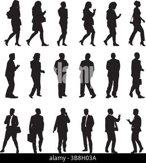 People silhouette Collection – Set vettoriale bianco e nero di diverse pose umane in contesti sociali e professionali Illustrazione Vettoriale