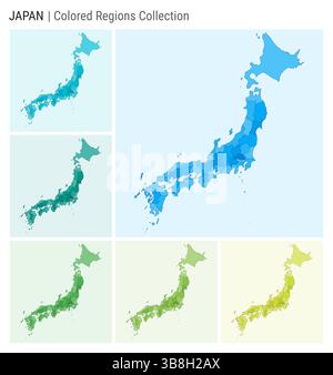 Raccolta mappe Giappone. Forma del paese con regioni colorate. Azzurro, ciano, verde, verde chiaro, tavolozze di colori lime. Illustrazione Vettoriale