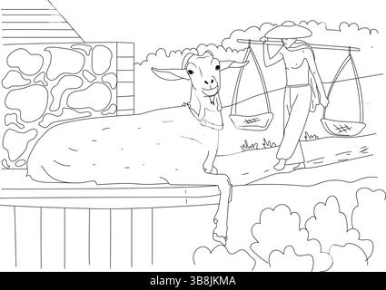 Semplice illustrazione a linee che raffigura una capra sdraiata in una scena rustica di un villaggio con una persona che porta un giogo e cesti sullo sfondo. Illustrazione Vettoriale