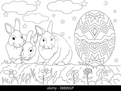 Tre simpatici coniglietti si siedono in un campo erboso con fiori accanto a un grande uovo di Pasqua decorato. Semplice illustrazione del contorno per una pagina da colorare, raffigurata Illustrazione Vettoriale