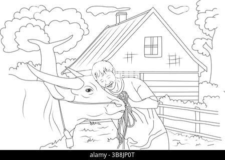 Illustrazione in line art che raffigura un allegro agricoltore che abbraccia amorevolmente la sua mucca in un campo. La scena è ambientata in una fattoria con una casa, un recinto e alberi in Th Illustrazione Vettoriale