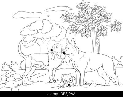 Illustrazione in bianco e nero raffigurante un cane simile a un pastore tedesco adulto, un cane simile a un Hound o a un Beagle adulto e un cucciolo in piedi e sdraiato Illustrazione Vettoriale