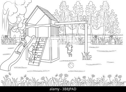 Linee bianche e nere che illustrano i bambini che giocano su una struttura di arrampicata in un parco. Un bambino scivola giù, un altro sale sulla la Illustrazione Vettoriale