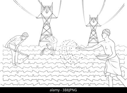 Un'illustrazione raffigurante tre uomini impegnati in diverse attività agricole in un campo. Un uomo sta zappando il terreno, un altro sta annaffiando cr Illustrazione Vettoriale