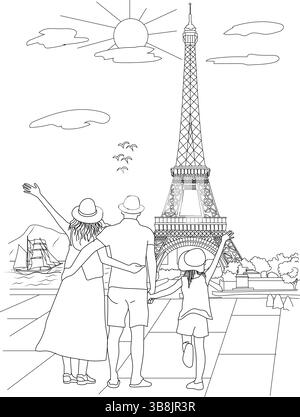 Illustrazione minimalista in linea bianca e nera di una famiglia (genitori e bambini) che guarda l'iconica Torre Eiffel a Parigi. PE Illustrazione Vettoriale
