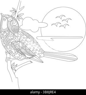 Una dettagliata illustrazione in bianco e nero di un uccello stilizzato con motivi intricati seduti su un ramo d'albero. Sullo sfondo, un grande cerchio Illustrazione Vettoriale