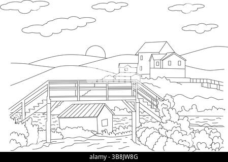Illustrazione in linea bianca e nera che raffigura case su una collina che si affaccia su un fiume. Presenta una struttura a ponte o a molo, vegetazione circostante, Illustrazione Vettoriale