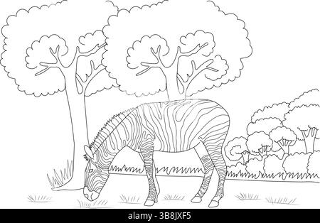 Una semplice linea in bianco e nero che raffigura una zebra che pascolava sull'erba con alberi e cespugli sullo sfondo, adatta per colorare pagine o. Illustrazione Vettoriale