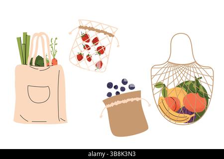 Sacchetti riutilizzabili con verdure fresche, fragole, mirtilli e frutta assortita. Concetto di shopping ecologico in stile piatto su sfondo bianco. Illustrazione Vettoriale
