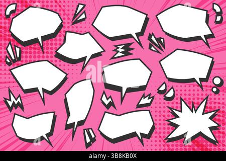 Fumetti vocali manga. Cornici fumetti per testo. Fumetti anime. Finestra di dialogo pop art su sfondo rosa. Forme carine per poster e banner. Vettore Illustrazione Vettoriale