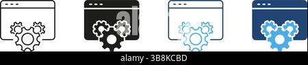 Browser Web con set di icone Gears (ingranaggi). Raccolta di simboli per l'ottimizzazione, la configurazione e lo sviluppo del sito Web. Progettazione software e gestione dei sistemi Illustrazione Vettoriale