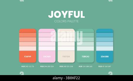 Guida alla tavolozza dei colori in una collezione di colori vivaci e gioiosi. Ispirazione a colori o grafico con modello di codici. Combinazione di colori RGB. Campioni di colori Illustrazione Vettoriale