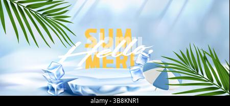 Composizione del podio estivo congelato - cubi di ghiaccio e piedistalli realistici su sfondo blu decorati con foglie di palma tropicali verdi. Scritta gialla Hello Summer per le promozioni stagionali. Illustrazione Vettoriale