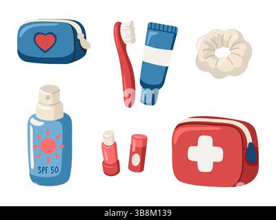 Set vettoriale cartoni animati di articoli per la cura personale e l'igiene per i viaggi. Illustrazione vettoriale isolata su sfondo bianco. Illustrazione Vettoriale