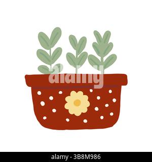 Carino vaso di fiori marrone disegnato a mano con piante verdi Illustrazione Vettoriale