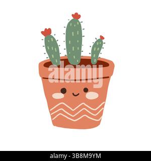 Carino vaso di terracotta sorridente disegnato a mano con pianta di cactus Illustrazione Vettoriale