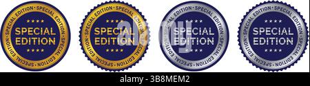 set di quattro badge rotondi in edizione speciale nei colori oro, blu e argento con stelle, utilizzati per etichette di prodotti, imballaggi e marchi esclusivi Illustrazione Vettoriale