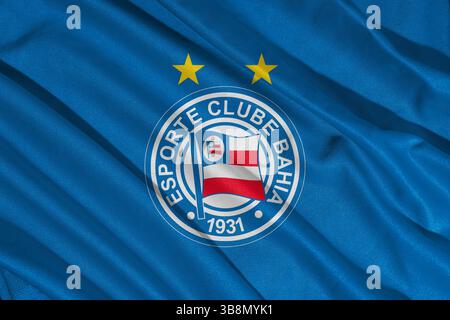 Pringsewu, Lampung 8 maggio 2025; logo Bahia, squadra di calcio brasiliana con sfondo a trama ondulata. Illustrazione 3D. Foto Stock