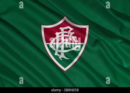 Pringsewu, Lampung 8 maggio 2025; logo Fluminense della squadra di calcio brasiliana con sfondo a trama ondulata. Illustrazione 3D. Foto Stock