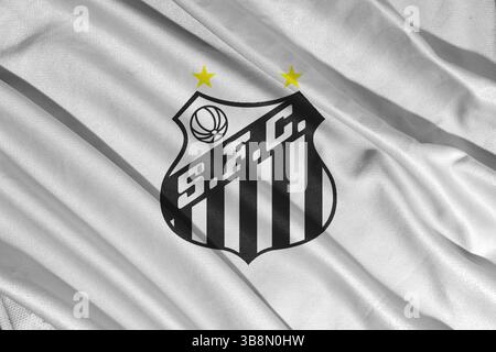 Pringsewu, Lampung 8 maggio 2025; logo Santos, squadra di calcio brasiliana con sfondo a trama ondulata. Illustrazione 3D. Foto Stock