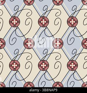 Motivo geometrico senza cuciture di ispirazione vintage in blu e beige Illustrazione Vettoriale