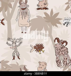 Pattern senza cuciture con stravaganti mostri in stile cartoni animati in tonalità tenui sullo sfondo di un fogliame astratto della giungla Illustrazione Vettoriale