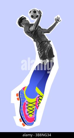 Immagine composita. Il giocatore di calcio salta verso l'alto per abbattere con scarpe colorate esagerate su un morbido sfondo blu. Foto Stock