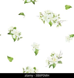 Boccioli delicati e fiori bianchi sui ramoscelli primaverili. Illustrazione acquerello. Motivo senza cuciture. Mazzi fioriti e foglie verdi, isolati su una ba bianca Foto Stock
