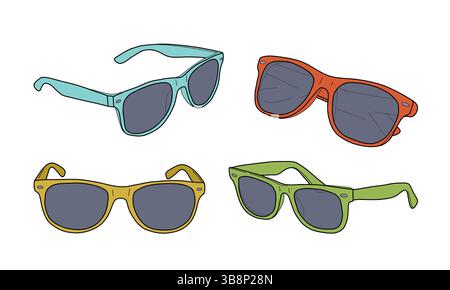 Set di illustrazioni vettoriali di occhiali da sole colorati. Accessori estivi disegnati a mano in blu, rosso, giallo e verde. Stile cartoni animati isolato su bianco Illustrazione Vettoriale