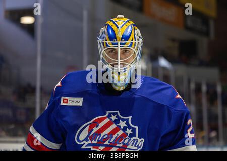19 aprile 2024: Il portiere dei Rochester Americans Devon Levi (27) pattina nel primo periodo contro i Cleveland Monsters. I Rochester Americans ospitarono i Cleveland Monsters in una partita della American Hockey League alla Blue Cross Arena di Rochester, New York. (Jonathan Tenca/CSM) (immagine di credito: © Jonathan Tenca/CSM via ZUMA Press Wire) Foto Stock