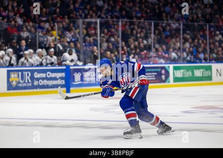 19 aprile 2024: Il difensore dei Rochester Americans Joseph Cecconi (3) pattina nel secondo periodo contro i Cleveland Monsters. I Rochester Americans ospitarono i Cleveland Monsters in una partita della American Hockey League alla Blue Cross Arena di Rochester, New York. (Jonathan Tenca/CSM) (immagine di credito: © Jonathan Tenca/CSM via ZUMA Press Wire) Foto Stock