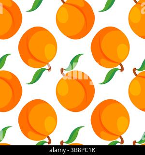 Motivo di pesca senza cuciture con foglia verde su sfondo bianco in stile cartoni animati. Dolce e vivace design estivo, ideale per tessuti, carta da parati e cucina Illustrazione Vettoriale